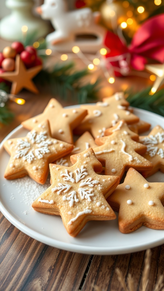A festive plate of sugar-free Christmas cookies in various shapes, decorated with powdered erythritol, on a holiday-themed table.